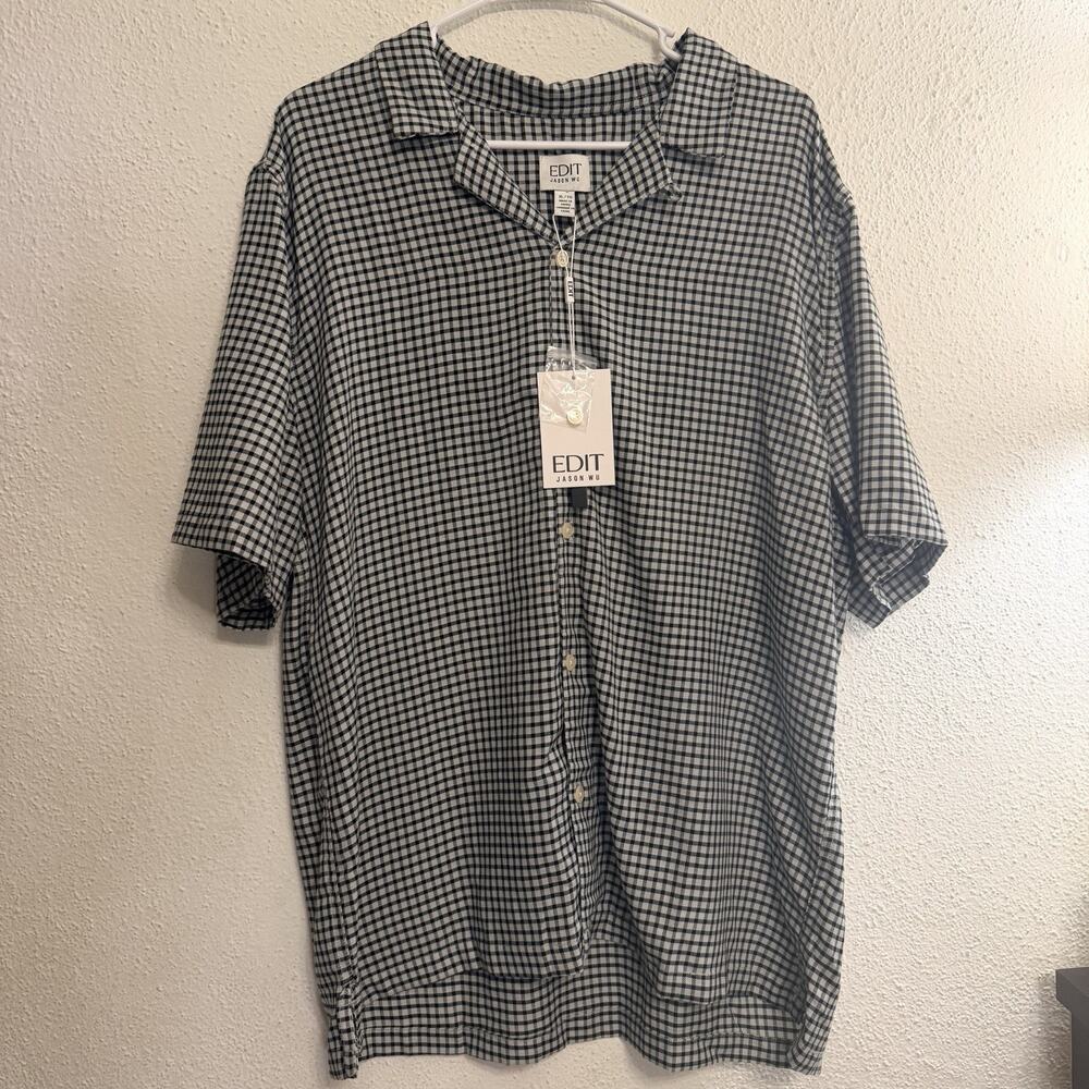 NWT EDIT Jason Wu Mens XL Gingham Check Button Up Short Sleeve Shirt Wool Blend